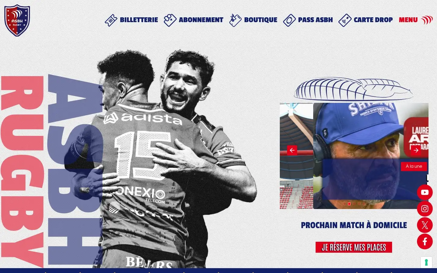 Page d'accueil du site ASBH, Club de rugby professionnel, à Béziers.