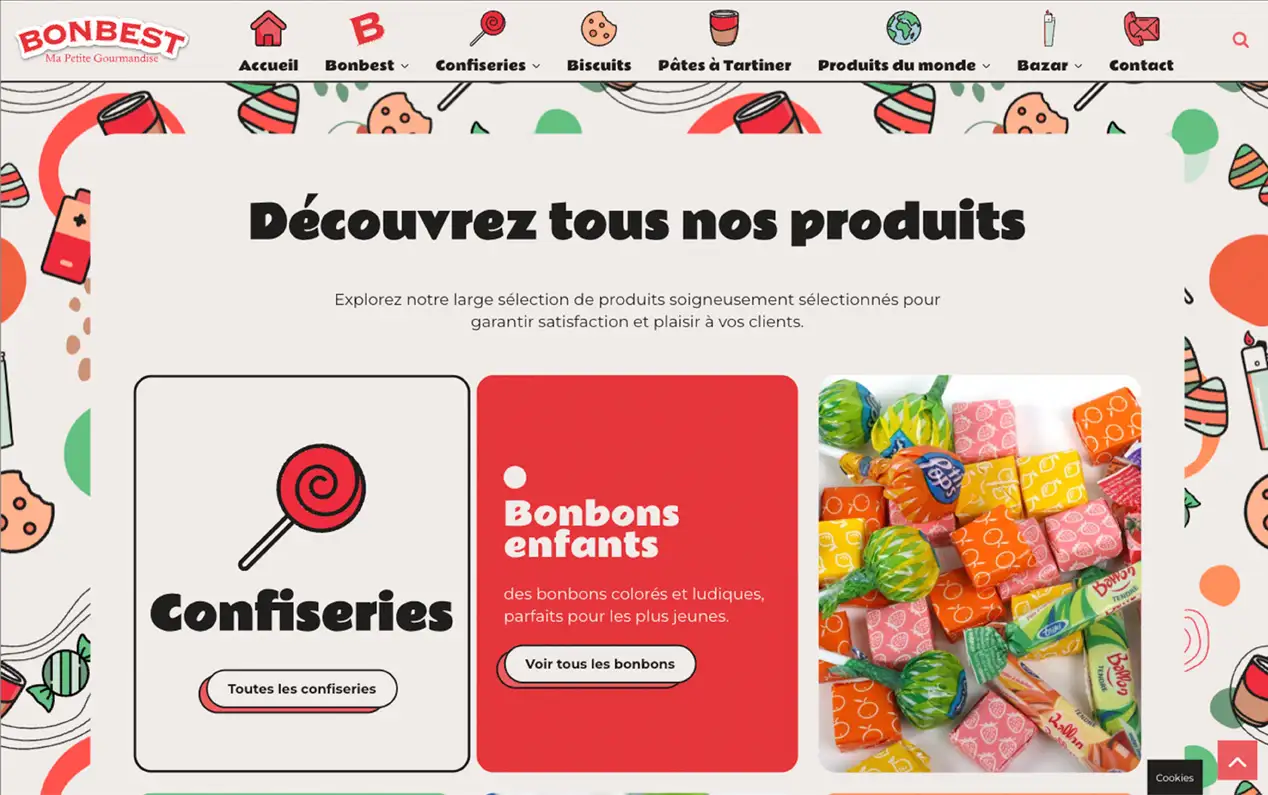 Page d'accueil du site BONBEST, Confiserie d'impulsion & merchandising (grossiste), à Pézenas.
