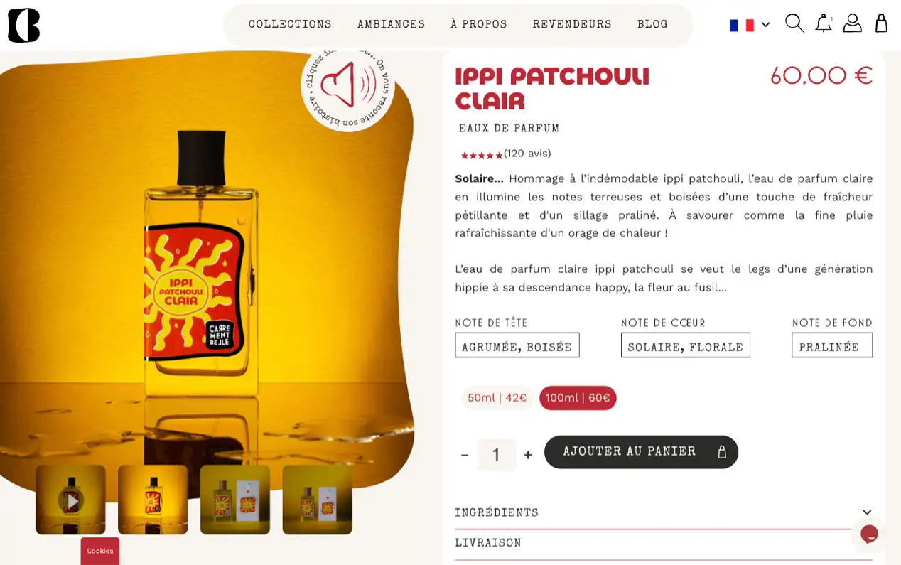 Page d'accueil du site Carrément Belle, Parfumerie artisanale, à Nîmes.