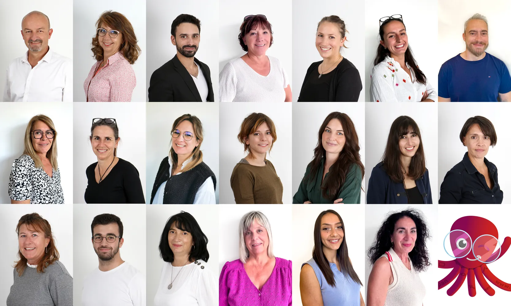 Des membres de l'équipe Dixionline en portraits de studio sur fond clair, rangés en trois lignes, avec la mascotte de la marque en dernière case.