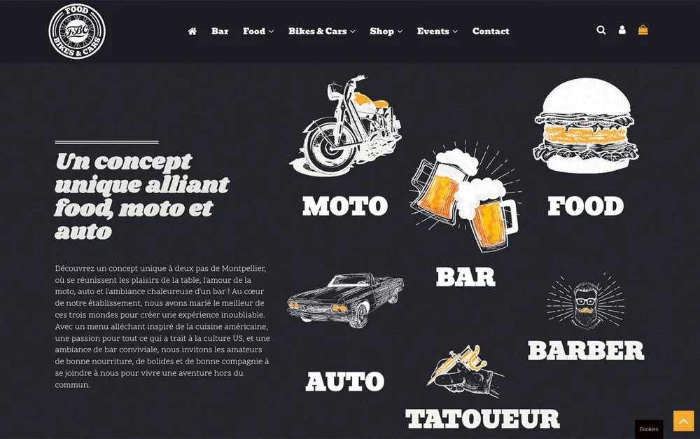 Capture du site de Food Bikes & Cars, Concept biker : diner américain & boutique moto à Mauguio