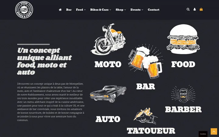 Capture du site de Food Bikes & Cars, Concept biker : diner américain & boutique moto à Mauguio