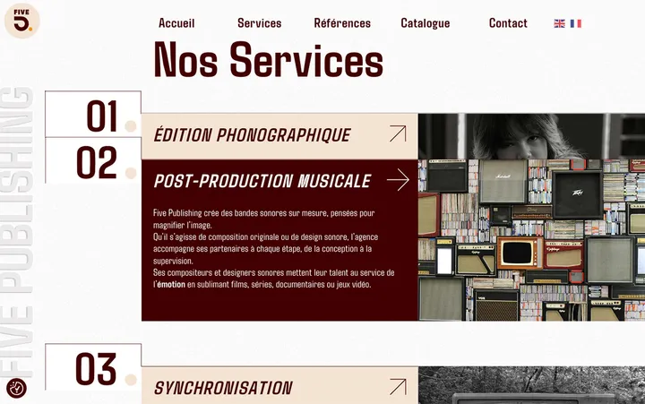 Capture du site de Five Publishing, Édition musicale & synchronisation (habillage sonore) à Montpellier