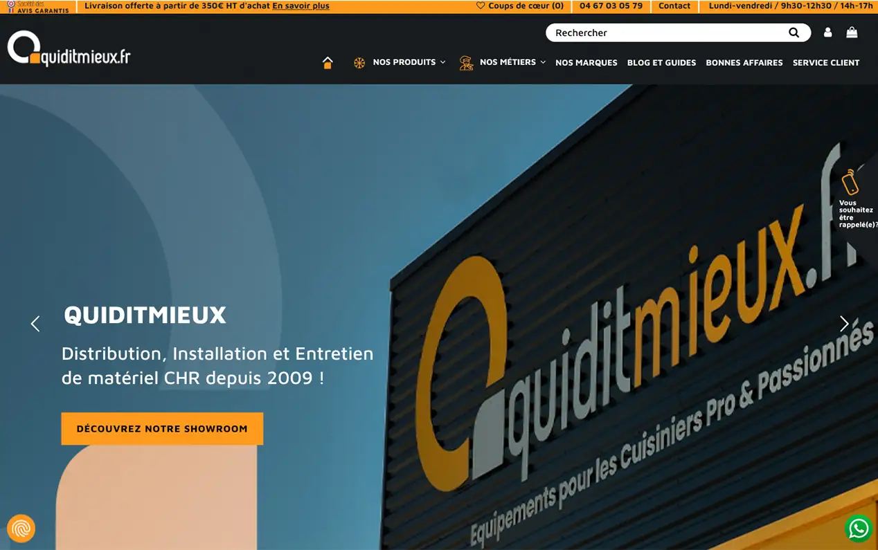 Page d'accueil du site Qui dit Mieux, Distribution de matériel CHR & métiers de bouche, à Saint-Aunès.