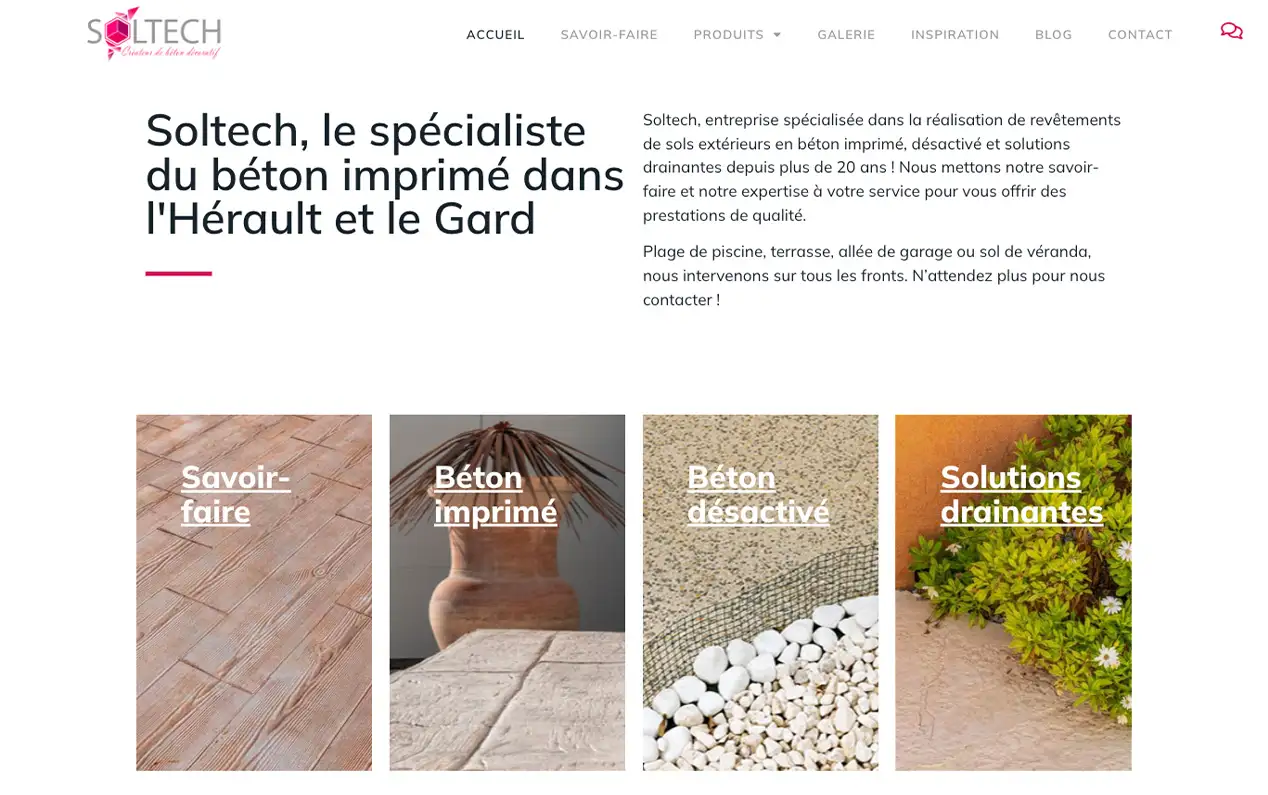 Page d'accueil du site Soltech France, Béton décoratif, à Le Crès.